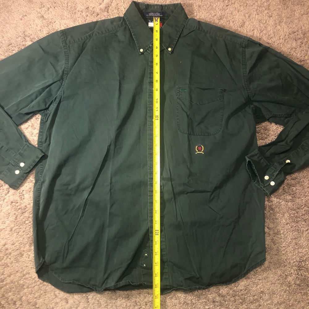Tommy Hilfiger Button Down Up Mens Size Large Green Dress Work Shirt Logo Shirt - Picture 6 of 12